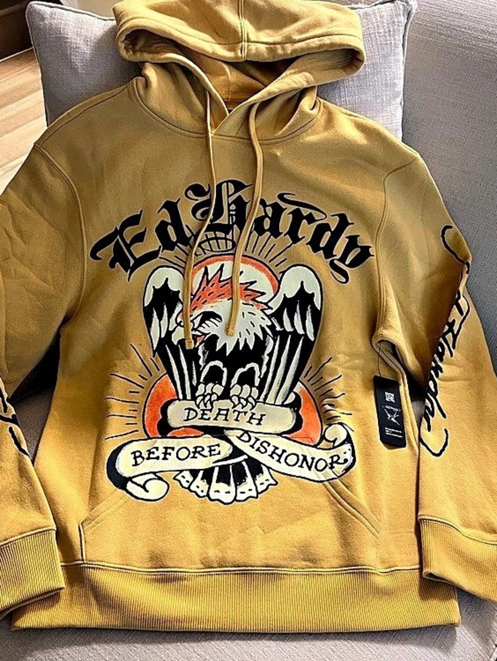 Ed Hardy Death Before Dishonor Eagle Hoodie Yellow & Black Small